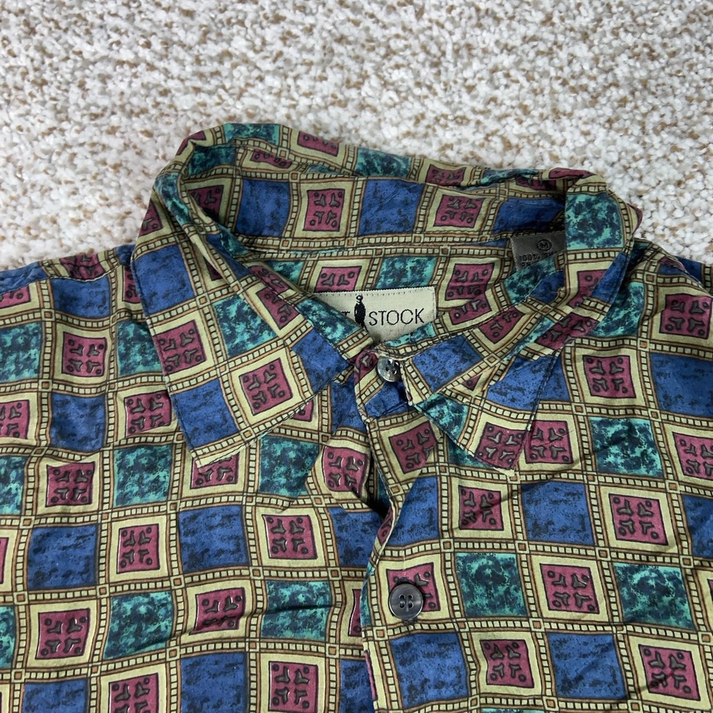 Robert Stock Mens Shirt Medium Multicolor Silk Geometric Button Pocket Top Work - Picture 2 of 9